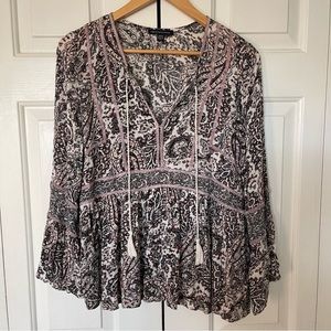 Paisley Gypsy Style Peasant Blouse Sz S with Tie Neck and Bell Sleeves